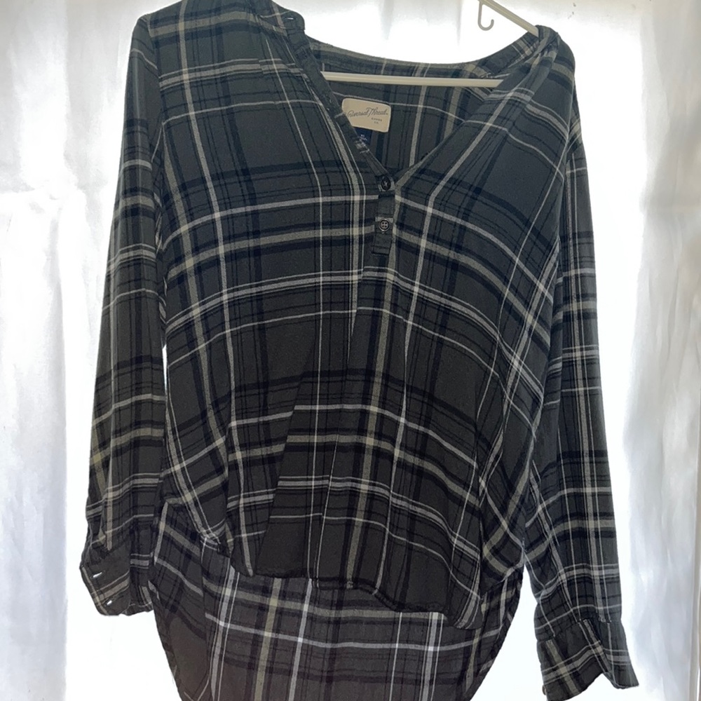 Green and white striped plaid button up